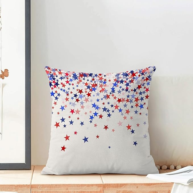 4th of July Pillow Covers 18 x 18 Inch, Red Blue White Patriotic Star Outdoor Decor Throw Pillows for Couch Bed, Independence Day Memorial Day Decorative Pillowcase Linen Cushion Cover Set of 2