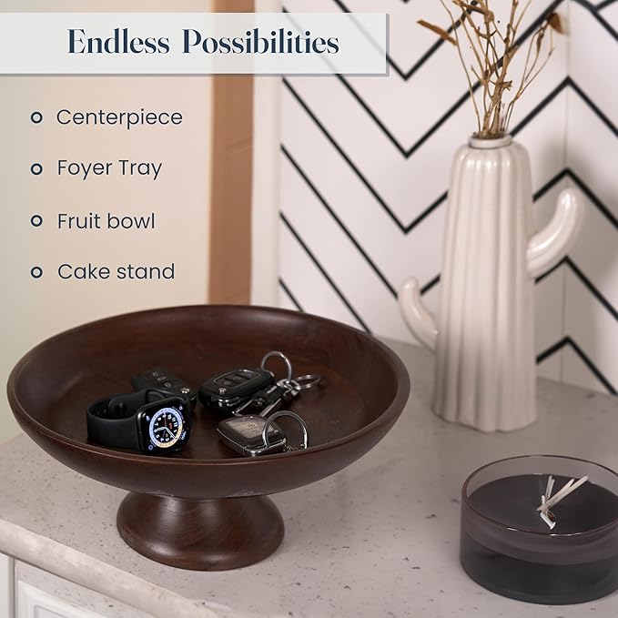 The Fine Living Co. Wooden Fruit Bowl, Large Serving Platter for Dessert, Round Shaped Serving Bowl for Cake, Snacks, Acacia Wood Bowls for Centrepiece, Wedding, Walnut, 12"x2"