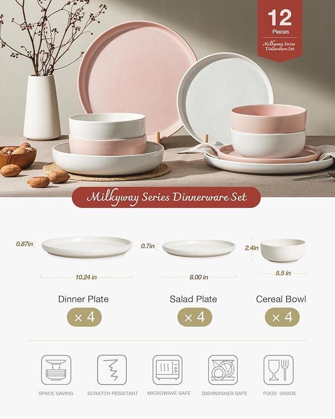 Famiware Milkyway Plates and Bowls Sets, 12 Pieces Dinnerware Sets, Reactive Glaze Dish Set, Stoneware Dishes Set for 4, Matte White & Light Pink
