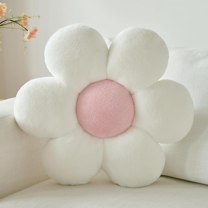 Flower Pillow, Decorative Throw Pillows for Couch Bed, Cute Daisy Home Decor Flower Shaped Pillows for Bedroom Living Room (White, 19.6 Inches)