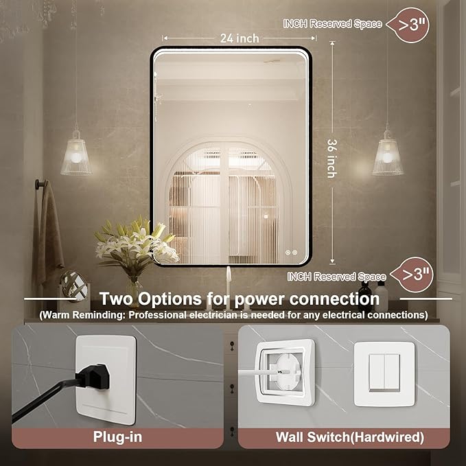 36x24 Inch LED Bathroom Mirror with Lights, Black Metal Frame Mirror, Wall Mounted Lighted Vanity Mirrors for Wall, Anti Fog Dimmable Led Mirror for Makeup