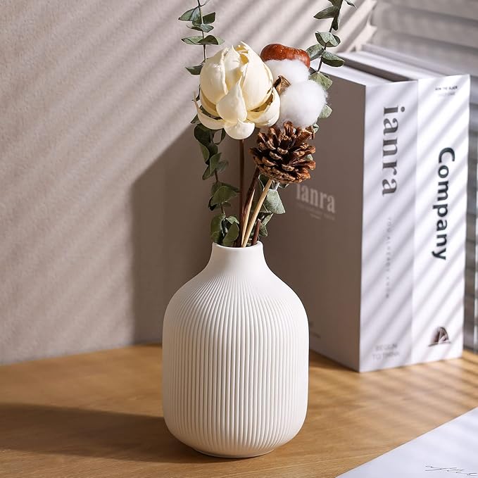 White Ceramic Vases for Decor, Modern Minimalist Decorative Vase Set of 3, Neutral Small Ribbed Vases for Table Shelf Decor, Bookshelf Entryway Decoration Vase
