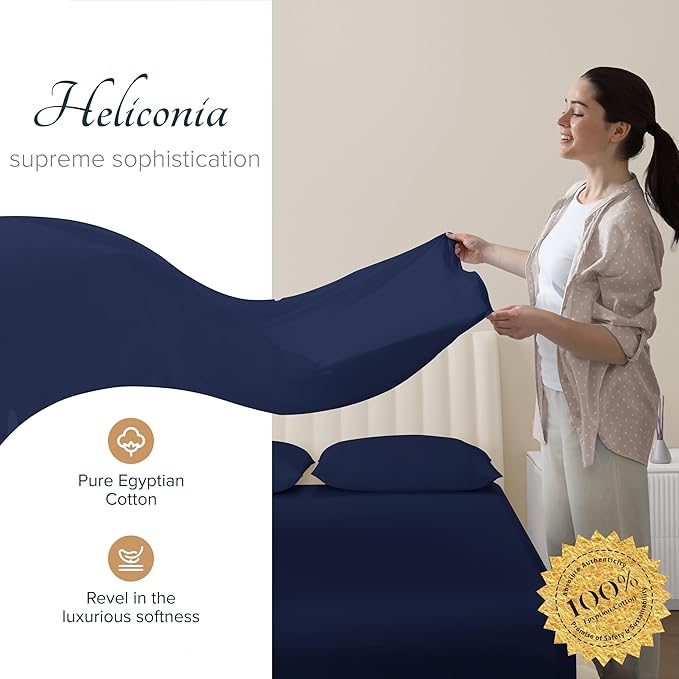 Carressa Linen 100% Egyptian Cotton Sheets Queen Size - 1500 Thread Count 4 PC Queen Sheet Set Egyptian Cotton, Sateen Luxury Sheets Queen Size, High Thread Count Sheets, 19" Deep Pocket - Navy Blue