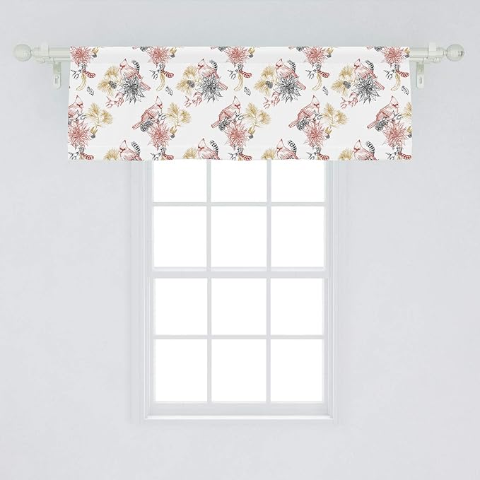 Lunarable Cardinal Bird Window Valance, Creative Vintage Pattern with Leaves Plants Pine Cones, Curtain Valance for Kitchen Bedroom Decor with Rod Pocket, 54" X 18", Vermilion Black