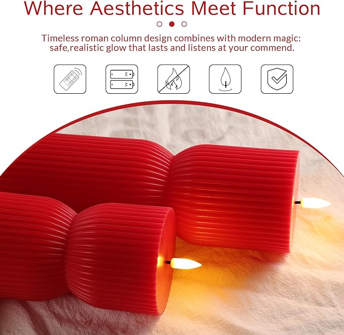 Red Ribbed Flameless Pillar Candles with Remote, Christmas LED Wax Candles Flickering Battery Powered Set of 2