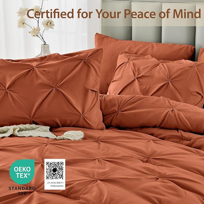 Sasttie King Size Comforter Set, 7-Piece Bed in a Bag, Pintuck Bedding Set for All Season, Includes Comforter, Flat Sheet, Fitted Sheet, Pillowcases and Pillowshams, Burnt Orange