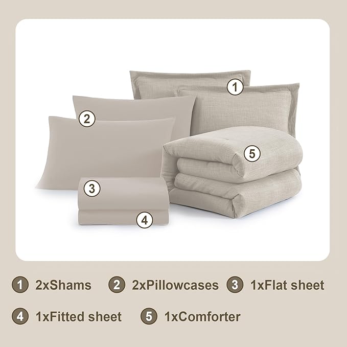 Geniospin King Size Comforter Set- 7 Piece Ivory Textured King Bedding Set, Soft Solid Bed in a Bag for All Season, King Comforter Set with Sheets(Ivory,102''x90'')