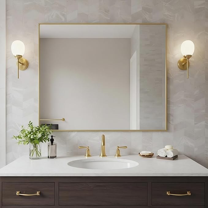 24x32 Inch Brass Bathroom Mirror for Wall, Aluminum Frame Rectangle Rectangular Vanity Mirror, Modern Large for Bedroom, Living Room, Horizontal or Vertical
