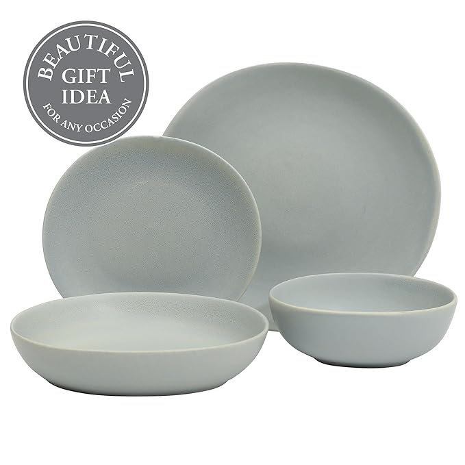 Gibson Elite Zion Mist 16 Piece Stoneware Reactive Glaze (Service for 4) Ceramic Plates and Bowls Modern Organic Dinnerware Set - Blue