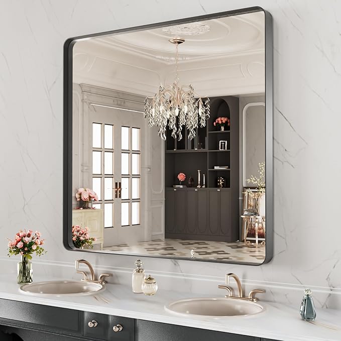 LOAAO 40X38 Inch Black Metal Framed Bathroom Mirror for Wall, Matte Black Bathroom Vanity Mirror Farmhouse, Anti-Rust, Tempered Glass, Hangs Horizontally or Vertically