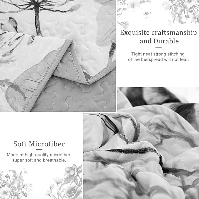 Floral Quilt Set California King 3 Pieces Grey Floral Quilt Coverlet Set Soft Microfiber Lightweight Purple Quilted Bedspread for All Season 106"x96"