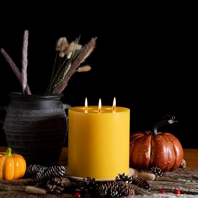 MOZEAL Extra Large 3 Wick Yellow Pillar Candle, 6" x 6", Unscented, Dripless, Smokeless, and Clean-Burning. Approx. 120 Hours of Burn Time. Perfect for Weddings, Dinners, Christmas and Home Decor