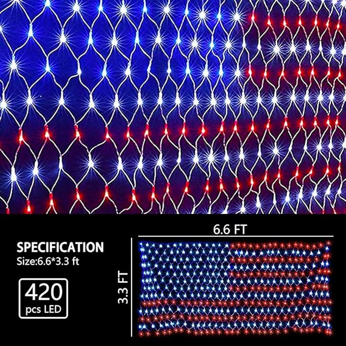 HYH American Flag Lights Outdoor Solar String Lights with 420 Super Bright LED Waterproof Flag Net Light of The United States for Yard,Garden,Festival,Holiday,4th of July,Independence Day Decoration