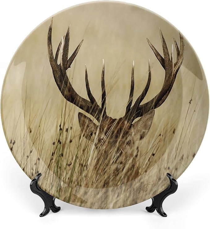 XISUNYA 10 Inch Decorative Plate, Antler Round Porcelain,Whitetail Deer in Wilderness Stag Countryside Rural Hunting Print Ceramic Display Plate for Decorative Ornaments Giving Plates
