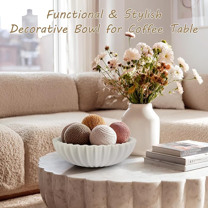 Large Decorative Bowl for Home Decor - Centerpiece for Coffee Table,Dining Table,Kitchen, Entryway Key bowl & Fruit Display - Modern Concrete Stone Design (White)