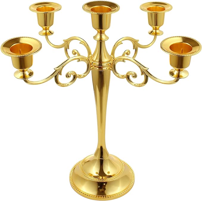 5-Candle Metal Candelabra 10.2 Inch Tall Candlestick Candle Holders for Home Decor Wedding Christmas Church Halloween Party, Gold