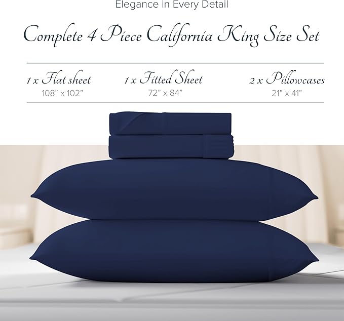 Carressa Linen 100% Egyptian Cotton Sheets California King Size - 1500 Thread Count 4 PC Cal King Sheets Egyptian Cotton, Cooling Sateen Sheets, High Thread Count Sheets California King - Navy Blue