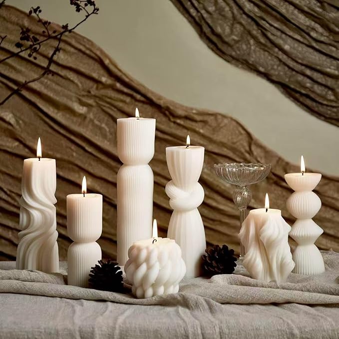 7-Pack Pillar Candles - Soy Wax Handmade Ribbed Candles for Home Decor, Housewarming Gift, Shelf & Table Decor - Aesthetic Modern Candles Set (White)
