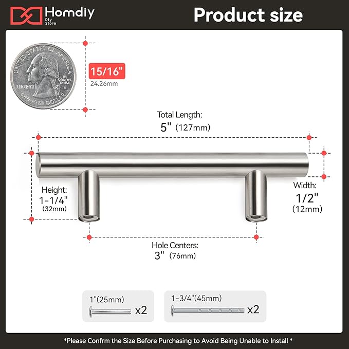 homdiy 10 Pack Brushed Nickel Cabinet Pulls 3 Inch Kitchen Cabinet Handles Stain Steel Cabinet Hardware for Kitchen and Bathroom Cabinets, 5 Inch Overall Drawer Pull