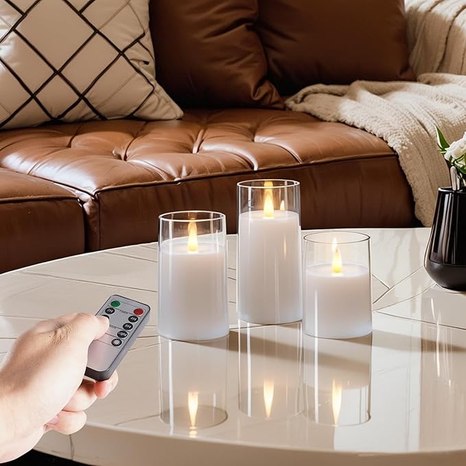 Homemory Realistic Flickering Battery Operated Candles, LED Fake Electric Candle with Remote Control and Timer, Flameless Candles for Home, Christmas Decoration, White, Set of 3