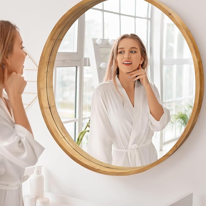 36" Bathroom Mirror, Round Wall Mirror with Wood Frame, Farmhouse Mirror for Wall Decor, Wall-Mounted Mirror for Bedroom, Living Room, Wood