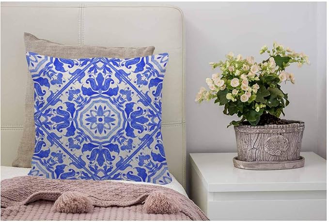 WONDERTIFY Throw Pillow Case Cover Portuguese Azulejo Tiles Talavera Geo Mexican Blue and White Gorgeous Design Soft Linen Pillow Case for Decorative Bedroom/Livingroom/Sofa Cushion Covers 18x18 Inch