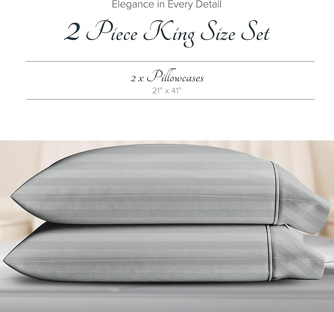 Carressa Linen 100% Egyptian Cotton Pillow Cases King Size Set of 2-1500 Thread Count Sateen Silver Stripe Pillow Covers, Luxury 5 Star Hotel-Quality Pillowcases, Fits King Pillows