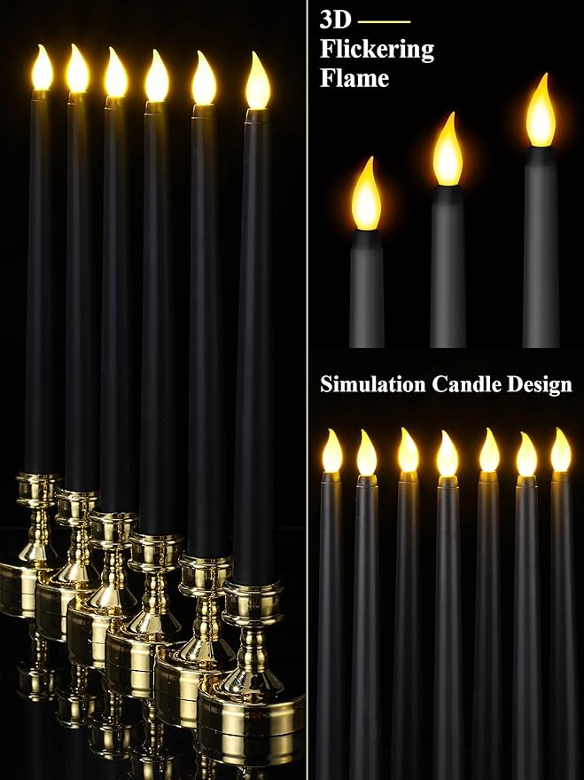 Treela 24 Pcs Flameless Taper Candles Battery Operated Bulk Fake 11 Inch Candles Light LED Candlesticks Flickering Tapered for Wedding Halloween Christmas Decoration(Black,Basic)
