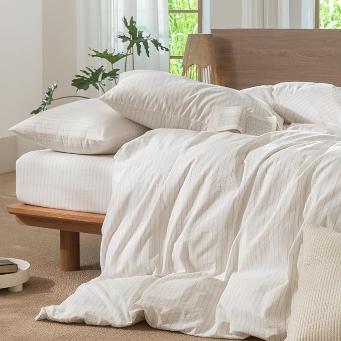 MooMee Striped Duvet Cover Set 100% Washed Cotton Linen Like Textured Breathable Durable Soft Comfy (White Almond Milk Grey Wide Stripes, Oversized Queen 98"x98")