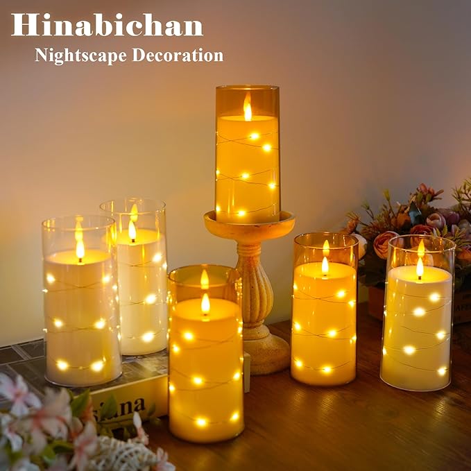 Flickering Flameless Candles with Remote Timer, 6pcs LED Battery Operated Candles with Embedded String Lights White, D3 H6