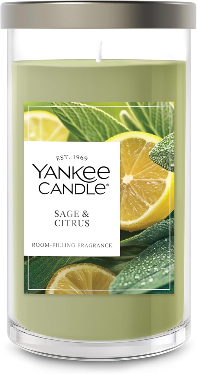Yankee Candle Medium Pillar Scented Candle with up to 115 Hour Burn Time, Premium Plant Wax Blend for Consistent Burn, 14.25 oz Pillar Candle with Room Filling Fragrance, Sage & Citrus