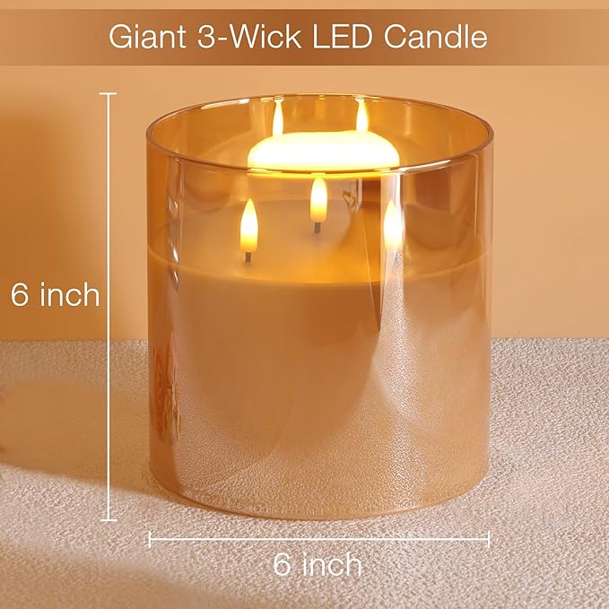 Eywamage 3 Wick Gold Glass Flameless Candle with Remote, Large Flickering LED Battery Pillar Candle Φ 6" H 6"