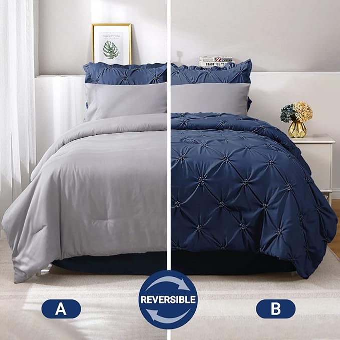 JOLLYVOGUE Navy Blue/Gray Twin Size Comforter Sets 5 Pieces, Pintuck Bed in a Bag Comforter Set for Bedroom, Bedding Comforter Sets with Comforter, Sheets,Ruffled Shams & Pillowcases
