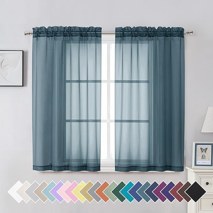 Aiyufeng Dusty Blue Sheer Curtains 45 inches Long, Short Kitchen Window Treatment Solid Sheers Cafe Curtains Bathroom Voile Half Window Curtains 2 Panels, Rod Pocket, 42" Wx45 L
