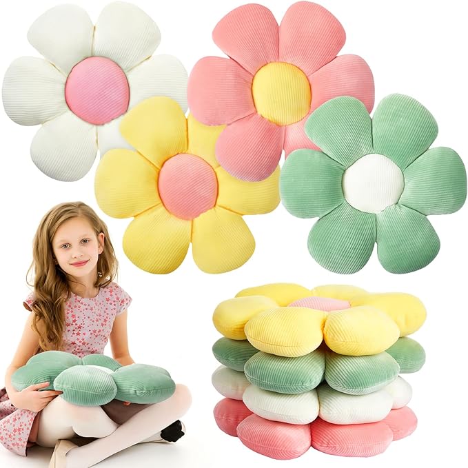 Reginary 4 Pcs Flower Floor Pillows Cute Plush Flower Throw Pillows Daisy Floor Seat Cushion Chair Pads for Back to School First Day of School for Sofa Couch Bed Decor(15 Inch,Light Color)