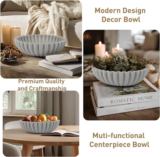 Large Decorative Bowl for Home Decor - Centerpiece for Coffee Table,Dining Table,Kitchen, Entryway Key bowl & Fruit Bowl Display - Modern Concrete Stone Design (Gray)