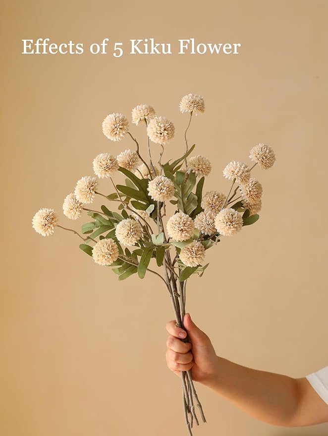 Laelfe Fall Flowers Artificial Pompon Mum, 5Pcs Fake Kiku Flowers Silk Small Mini Chrysanthemum Ball Faux Mum Decor for Autumn Filler DIY Bouquet Centerpieces Arrangements Shower(Beige)