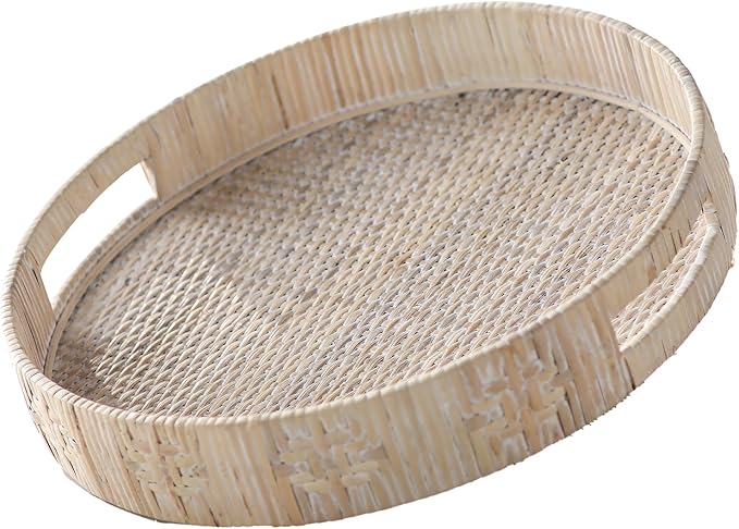 Round Rattan Tray, Wicker Decorative Tray for Coffee Table Decor, Large Wicker Serving Trays with Handles for Iving Room, Home and Kitchen Decor 13.2 inch, White