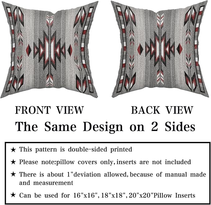 Giwawa Southwestern Throw Pillow Covers, Red Gray Black Native American Pillow Cases Set of 2, Ethnic Tribal Geometric Square Cotton Cushion Covers for Sofa Porch Bedding Patio Decor, 20x20 Inch
