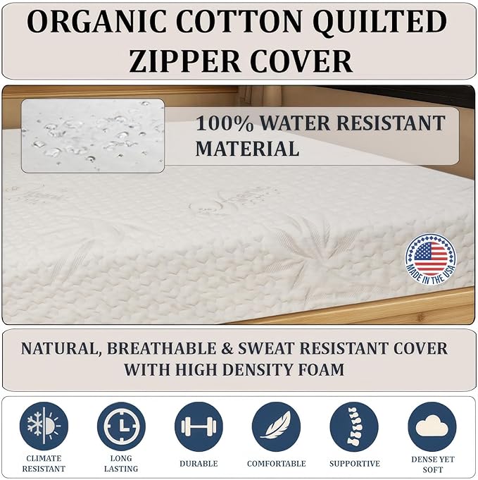 Foamma 8” x 32” x 75” Camper/RV Travel High-Density Foam Bunk Mattress, Organic Cotton Cover, Made in USA, Comfortable, Travel Trailer, CertiPUR-US Certified