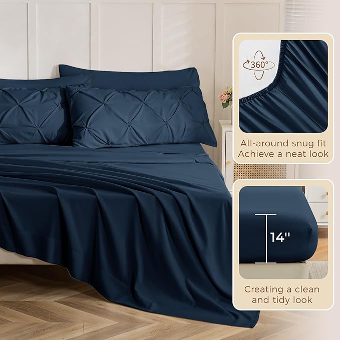 Sasttie Twin Comforter Set, 5-Piece Bed in a Bag, Pintuck Bedding Sets for All Season, Includes Comforter, Flat Sheet, Fitted Sheet, Pillowcase and Pillowsham, Navy