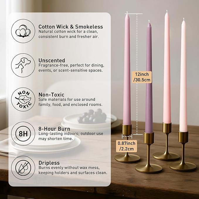 Viyffo 12 Inch Taper Candles Pink with a Purple Hue Set of 4 Unscented Smokeless Long Tall Tapered Candle for Candlesticks Sticks Wedding Advent Home Decor Dinner Christmas