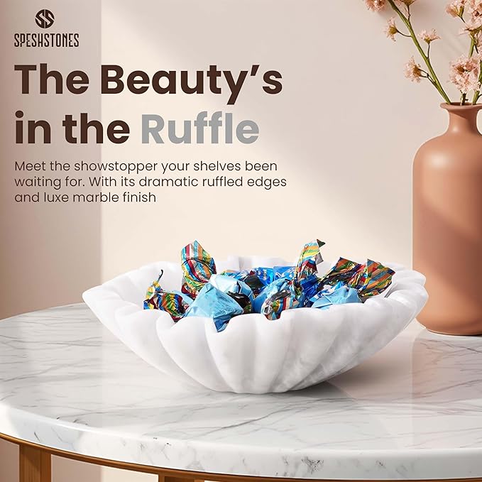 Marble Ruffle Bowl 8 Inch Handmade White Large Decorative Bowls for Home Decor - Scalloped Fruit Bowl for Kitchen Counter, Fluted Bowls for Housewarming Gifts & Coffee Table Decor