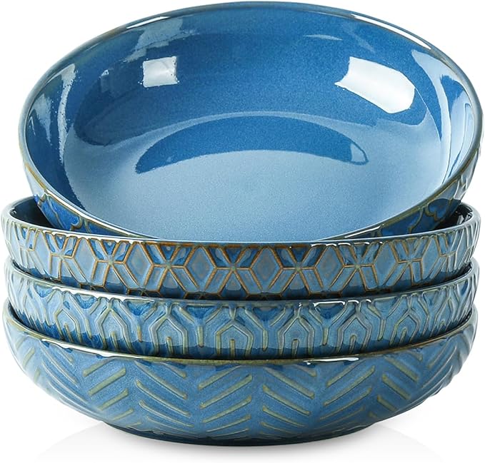 Sureasy Pasta Bowls Set of 4-30oz Large Embossed Serving Bowl Plates, 8.5 Inch Wide and Shallow Plate Bowls, Microwave, Oven & Dishwasher Safe, Blue