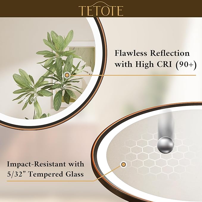 TETOTE Round Led Oil Rubbed Bronze Bathroom Mirror 30 Inch Circle Round Lighted Vanity Mirror with Lights for Bathroom Wall, 3 Color Stepless Dimmable, Anti Fog, Shatterproof, CRI 90+
