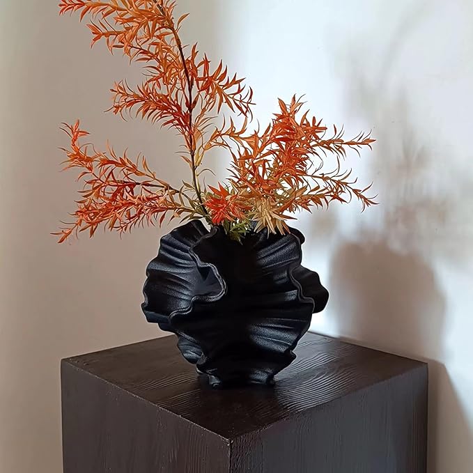 BUICCE Black Ceramic Coral Vase for Pampas Grass Decor Modern Decorative Dandelion Vase for Flower Home Office Living Room Table Centerpieces.