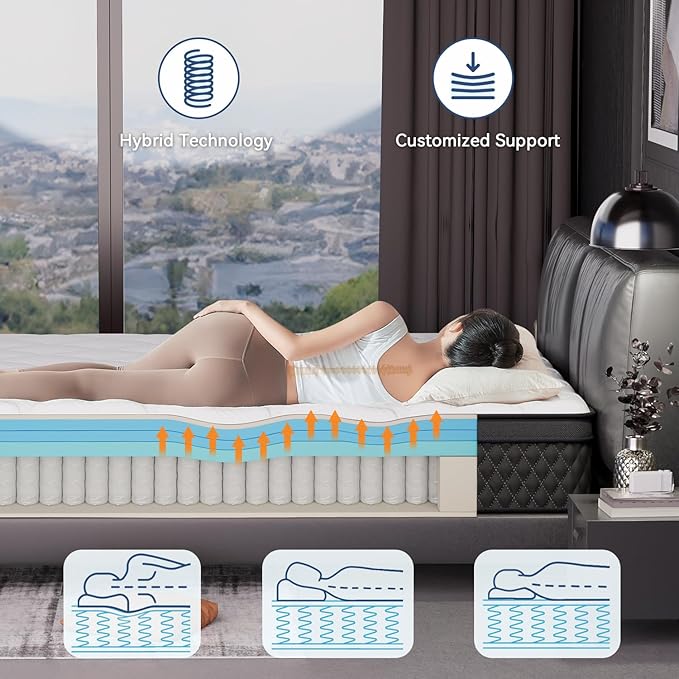 ELEMUSE Queen Mattress, 10 Inch Hybrid Memory Foam Mattress in a Box, Pressure Relieving Comfort, Individual Pocket Springs for Motion Isolation, Medium Firm, CertiPUR-US Certified, Fiberglass Free