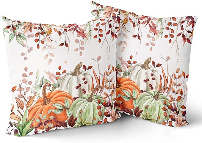 Giwawa Fall Pillow Covers Set of 2 20x20 Inch Orange Green Pumpkins Autumn Leaves Thanksgiving Cushion Covers Farmhouse Decorative Double Sided Throw Pillowcases for Indoor Outdoor Holiday