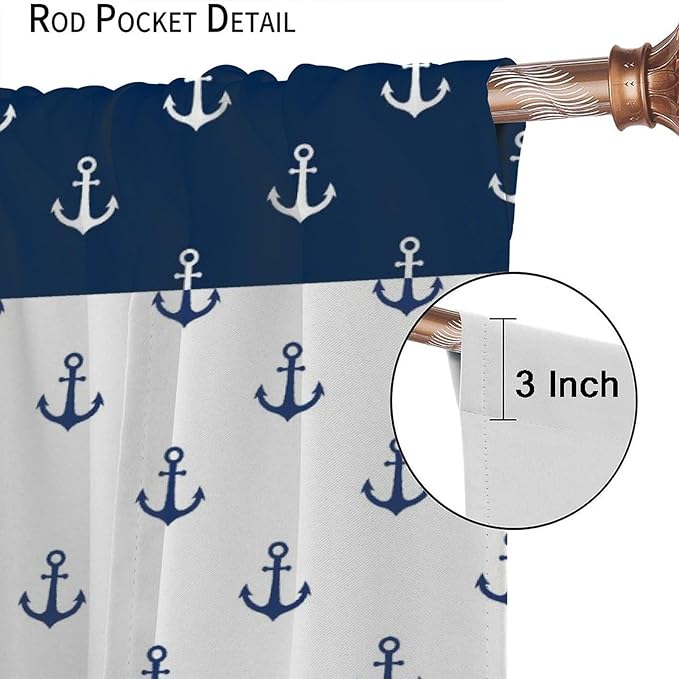 Anchor Pattern Curtains, Nautical Theme Navy Blue White Anchor Sea Life Adventure Print Blackout Window Treatments for Living Room Boys Men's Bedroom 63x63in