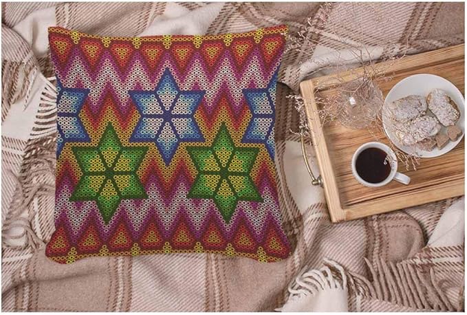 WONDERTIFY Throw Pillow Case Cover Beads of The Mexican People Huichol Ethnic Colorful Soft Linen Pillow Case for Decorative Bedroom/Livingroom/Sofa/Farm House Couch Pillow Cushion Covers 18x18 Inch